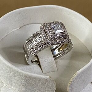 Jeulia Princess Cut Wedding Ring Sterling‎ Silver Bridal Cubic Zirconia Sz 10.5